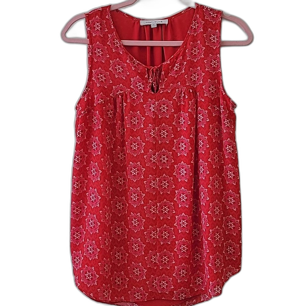 Rose & Olive Vibrant Red Floral Casual Summer Sleeveless Blouse
